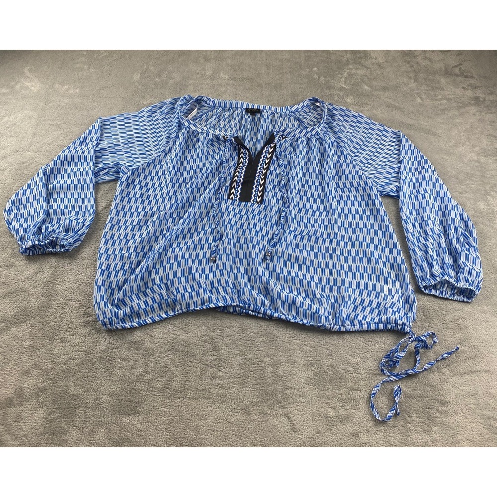 Jessica Simpson Blue White Geometric‎ Print Tie Neck Long Sleeve Blouse 2X